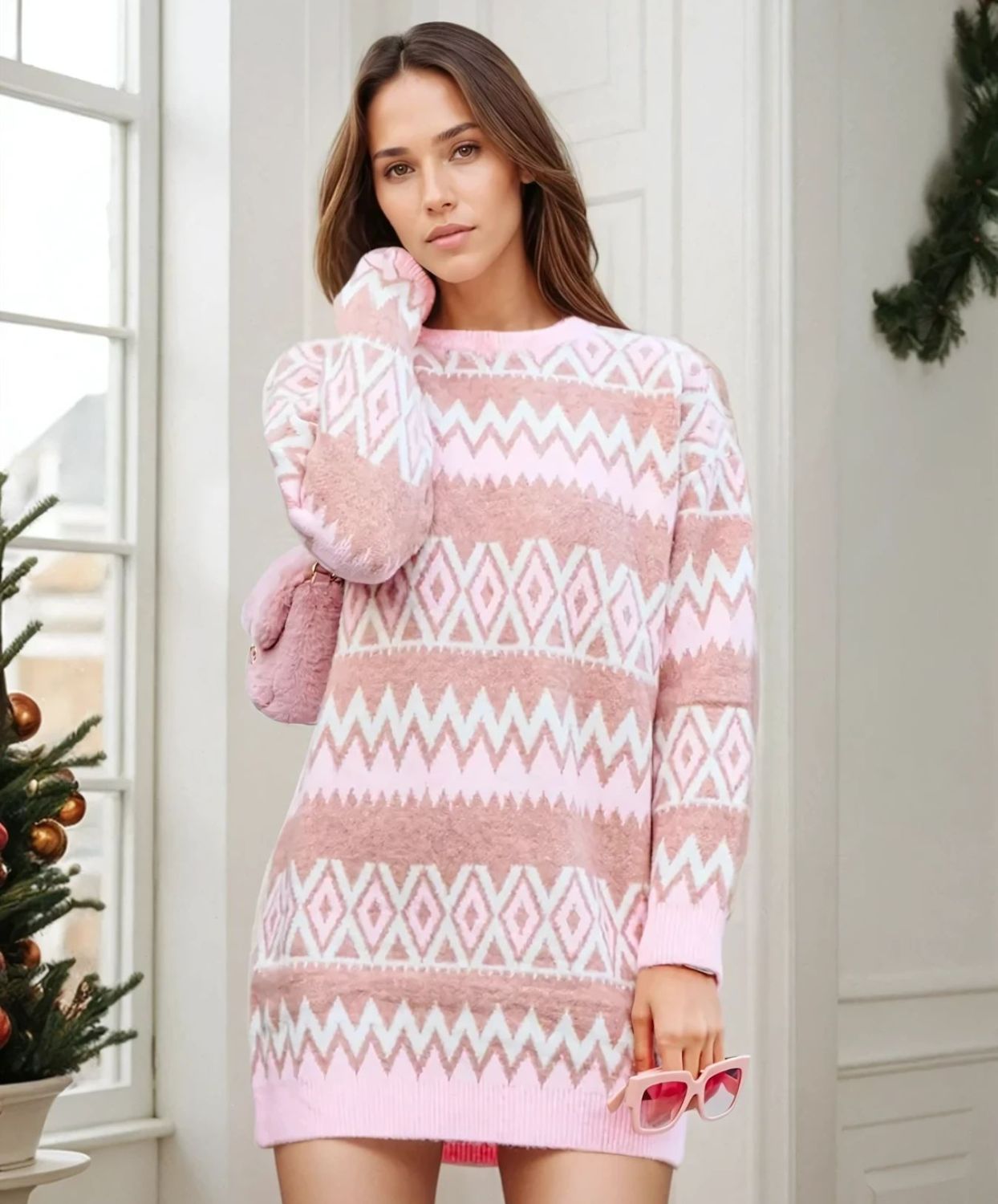 Robe pull beige et rose